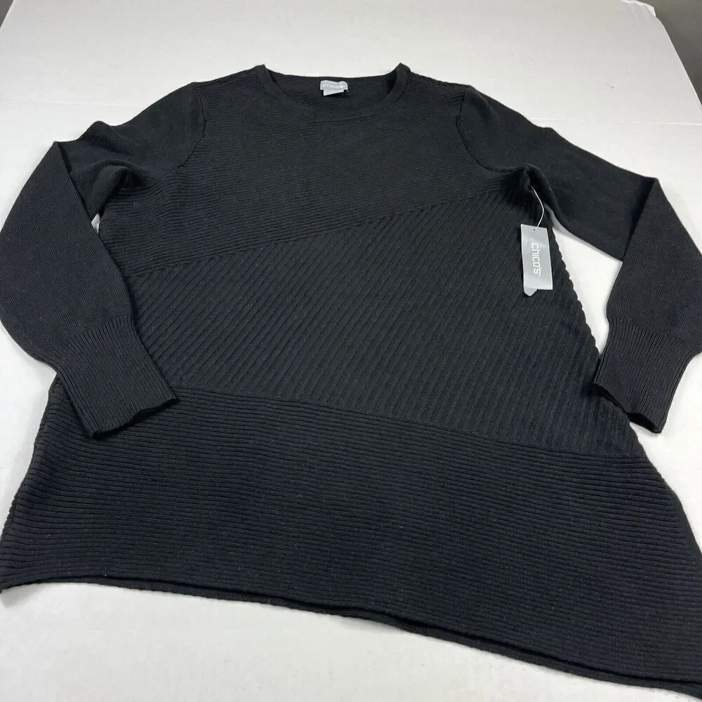 Chicos Tunic Sweater Black Asymmetric Warm Cozy Ribbed Knit Pullover 0 SMALL NEW